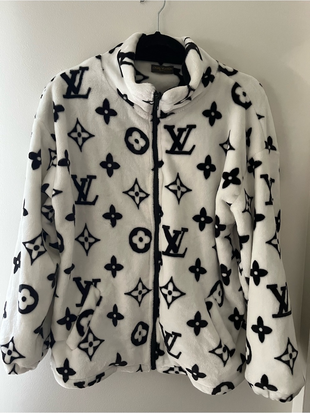 Korean “LV” Patterned Monogram Black & White Fleece Jacket